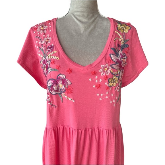 Johnny Was Tiered Embroidered Cotton Midi Dress Boho Artsy Coral Pink Medium - Picture 3 of 9